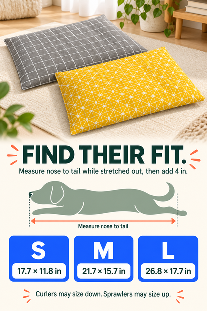 Plush Winter Pet Bed Mat size guide with nose-to-tail measurement and Small, Medium, and Large dimensions.