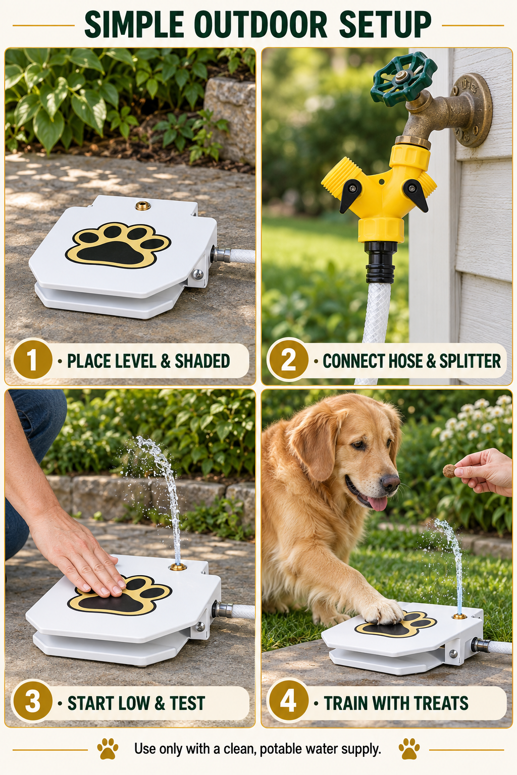 Four-step outdoor dog water fountain setup guide covering placement, hose connection, pressure testing, and reward-based training.
