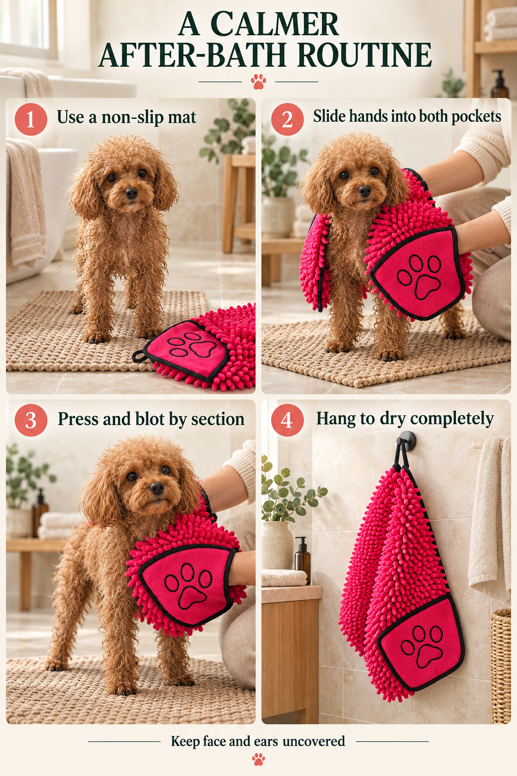 Four-step after-bath routine using the Rose Red pet drying towel on a non-slip mat.