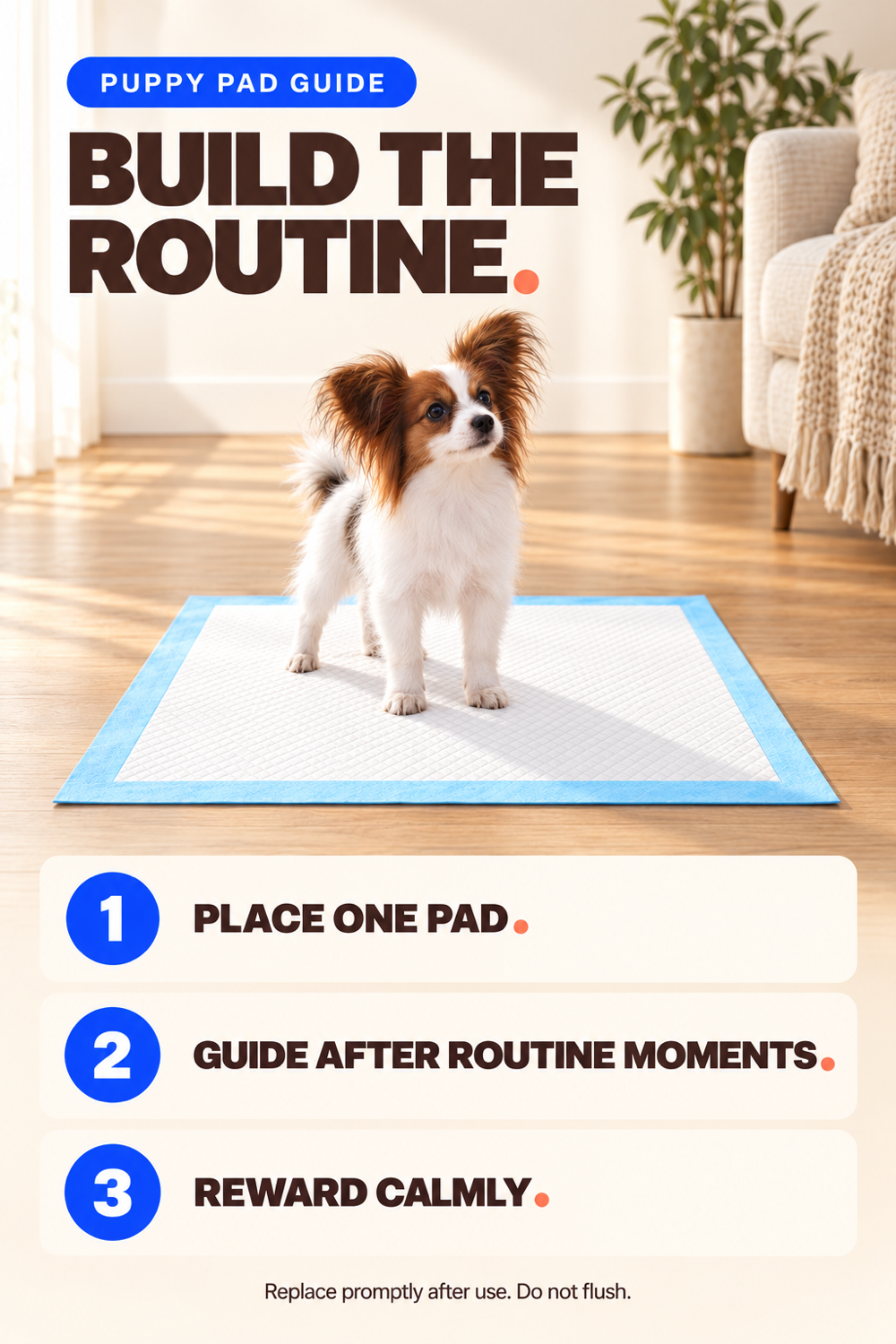 Puppy pad routine guide showing placement, guidance at routine moments, and calm rewards.