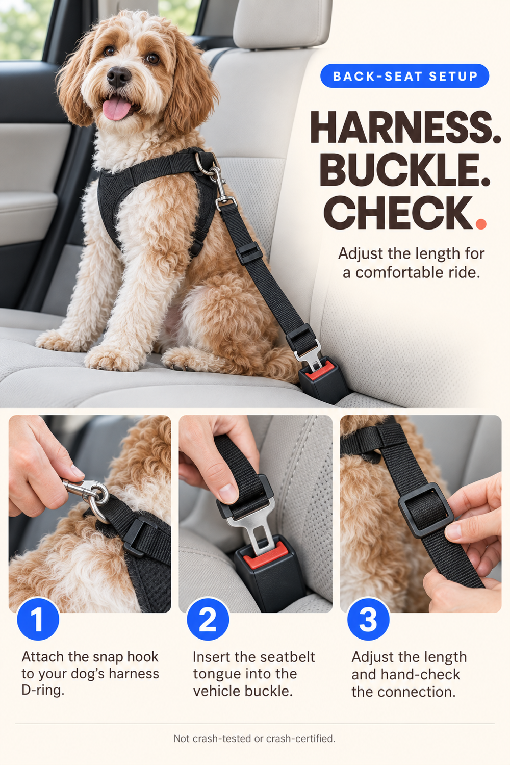 Dog car tether setup guide showing harness clip, seatbelt buckle, and length adjustment.