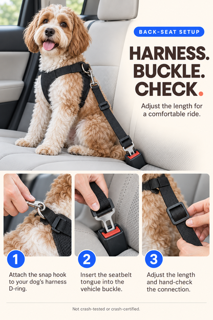 Dog car tether setup guide showing harness clip, seatbelt buckle, and length adjustment.
