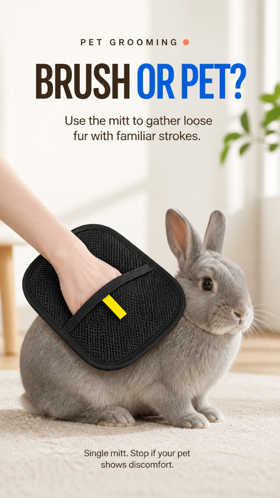 Gray rabbit groomed with a black pet grooming mitt in a vertical pet-care graphic