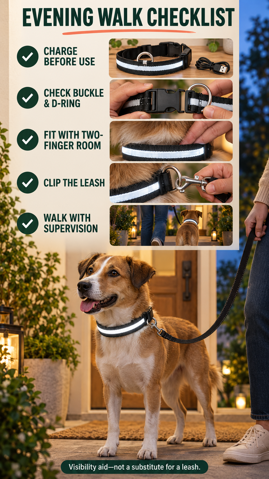 White-light rechargeable LED dog collar checklist covering charging, hardware inspection, two-finger fit, leash connection, and supervised walking.