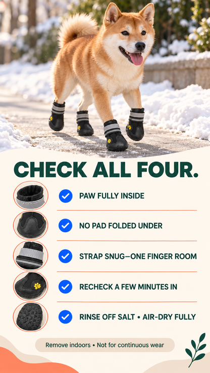 Winter dog boot checklist covering paw position, strap fit, rechecking, rinsing salt, and air-drying.
