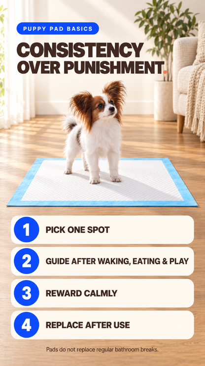 Puppy pad basics guide showing a consistent spot, calm rewards, prompt replacement, and regular bathroom breaks.