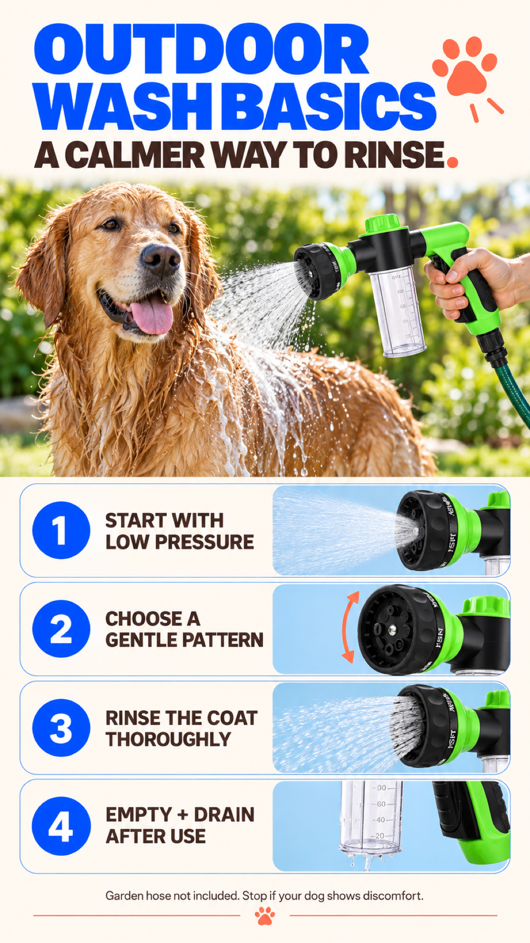Outdoor dog wash guide covering low pressure, gentle spray selection, thorough rinsing, and draining after use.