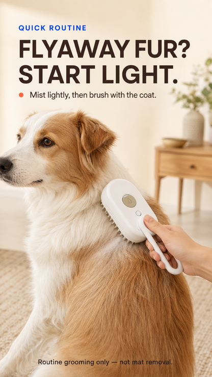 Porcelain White misting grooming brush used gently on an adult dog