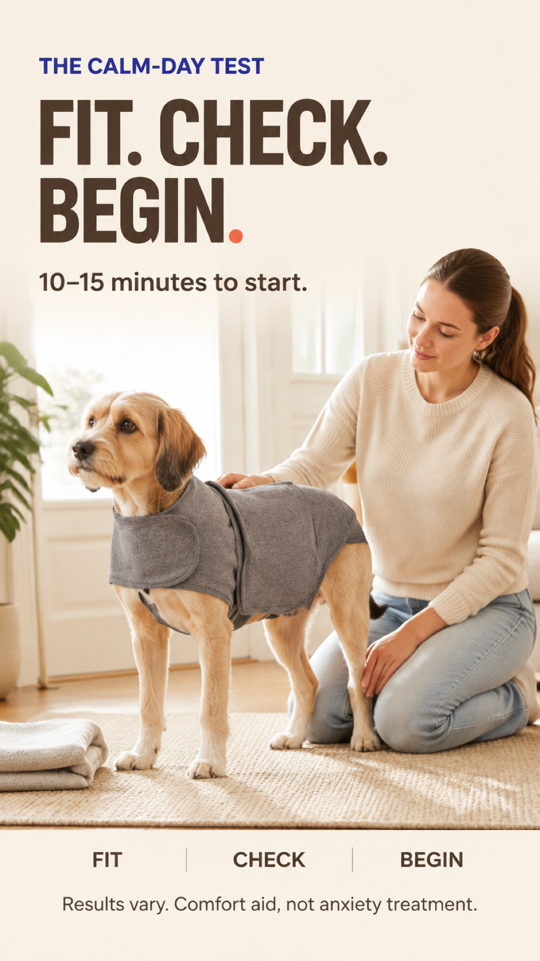 Owner and dog practice a short calm-day fit check with the Heather Gray wrap vest.