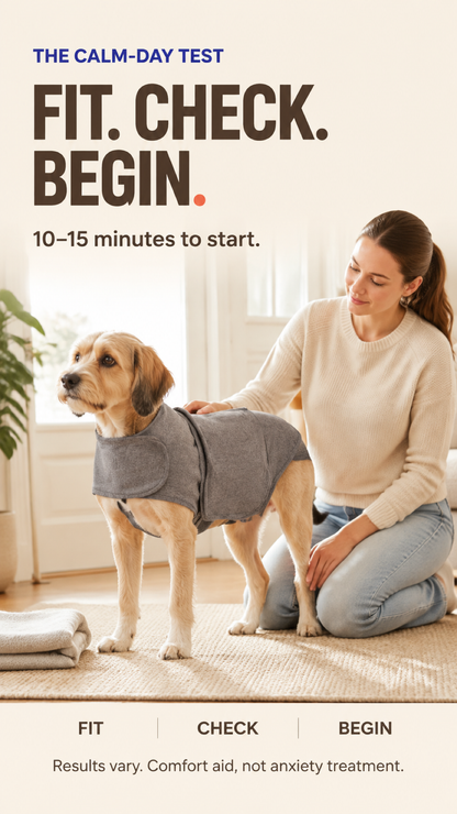 Owner and dog practice a short calm-day fit check with the Heather Gray wrap vest.