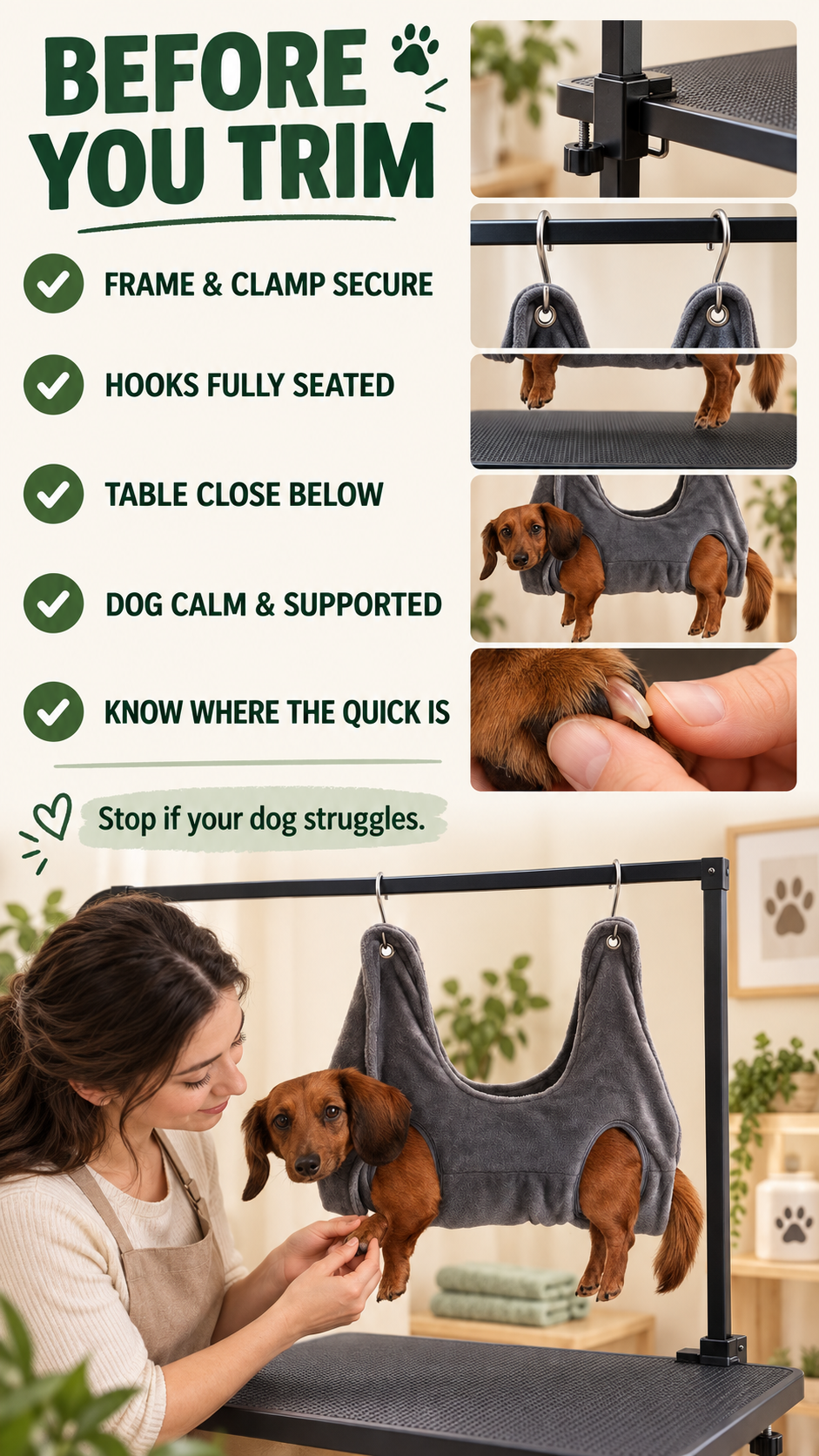 Grey grooming hammock checklist covering the frame clamp, hooks, table clearance, dog support, and nail quick.