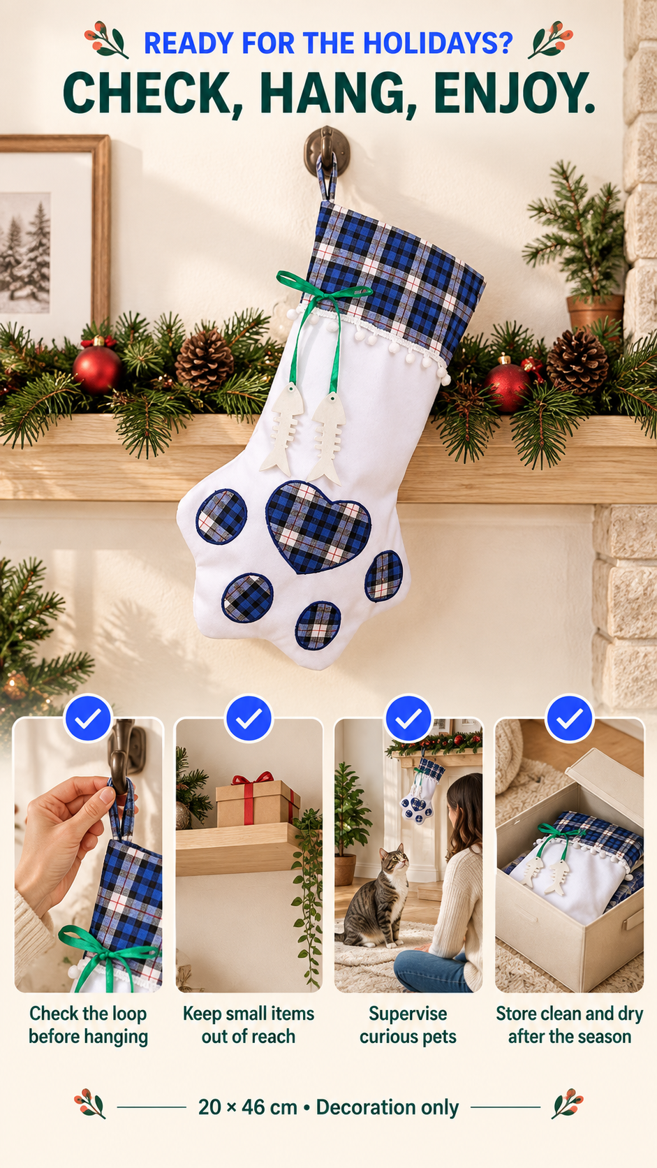 Blue Paw Print Christmas Stocking checklist covering the hanging loop, small-item placement, pet supervision, and dry storage.