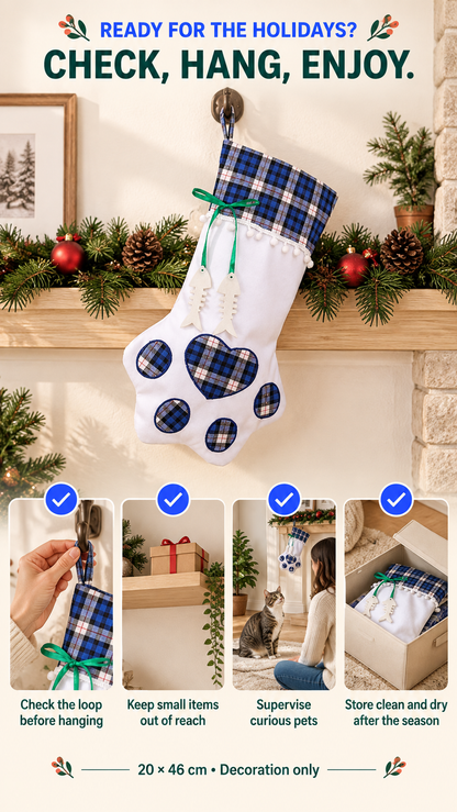 Blue Paw Print Christmas Stocking checklist covering the hanging loop, small-item placement, pet supervision, and dry storage.