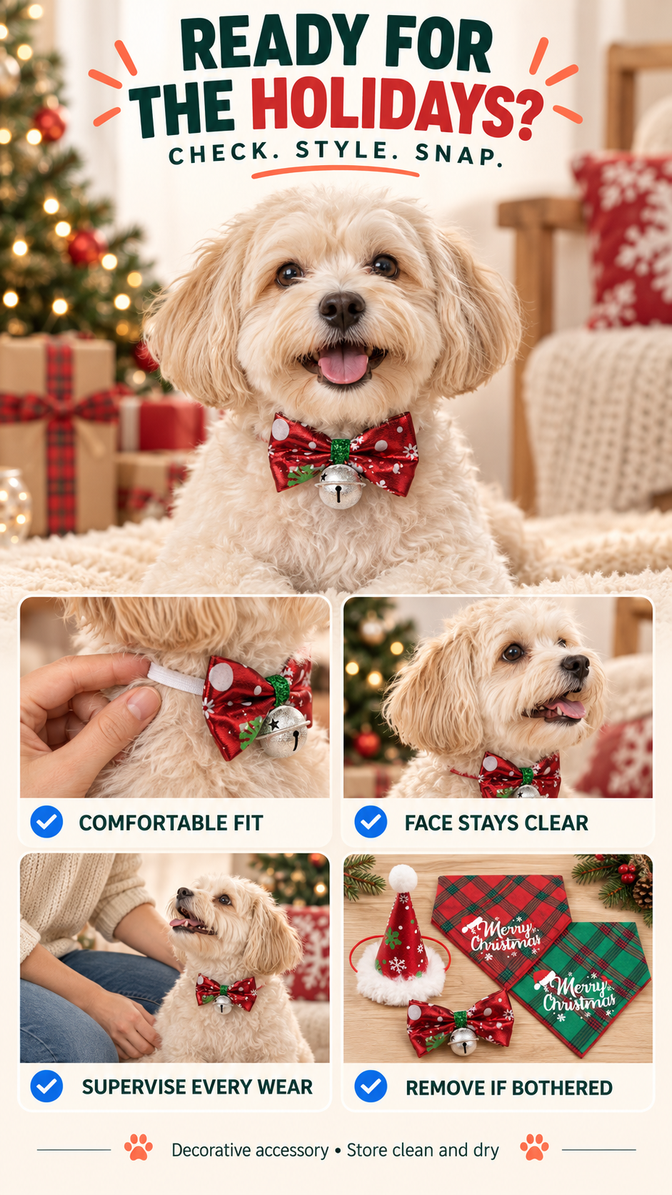 Christmas pet accessory checklist covering comfortable fit, clear face, supervised wear, removal if bothered, and dry storage.