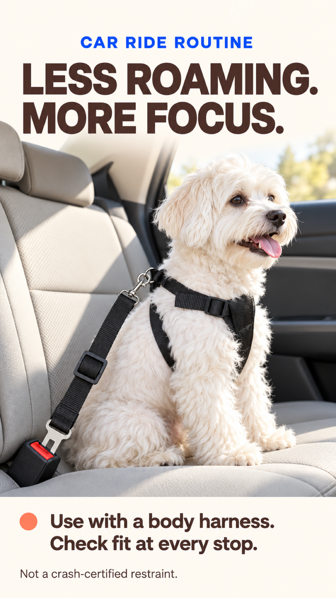 Dog wearing a body harness connected to a black car tether in the rear seat.