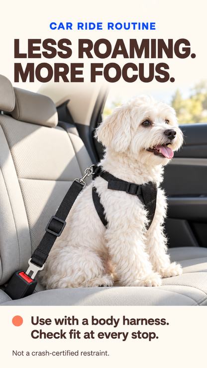 Dog wearing a body harness connected to a black car tether in the rear seat.