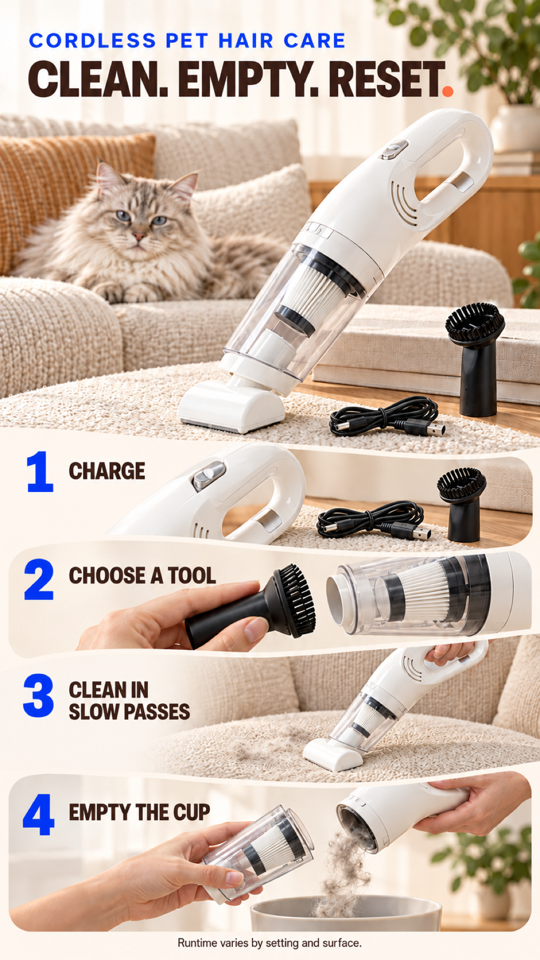 Cordless pet hair vacuum care guide showing charging, attachment choice, slow cleaning passes, and dust cup emptying.
