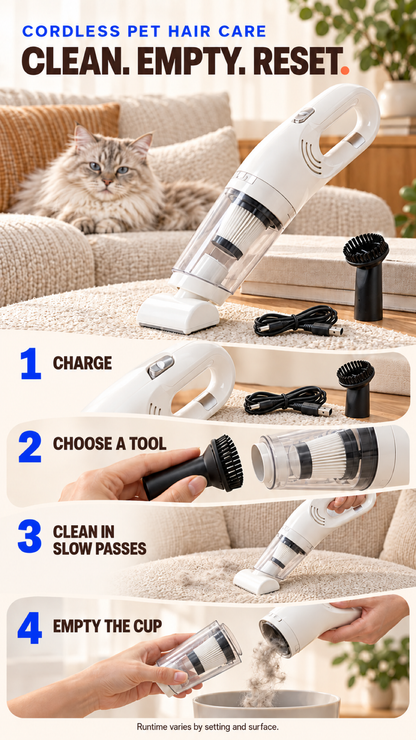 Cordless pet hair vacuum care guide showing charging, attachment choice, slow cleaning passes, and dust cup emptying.