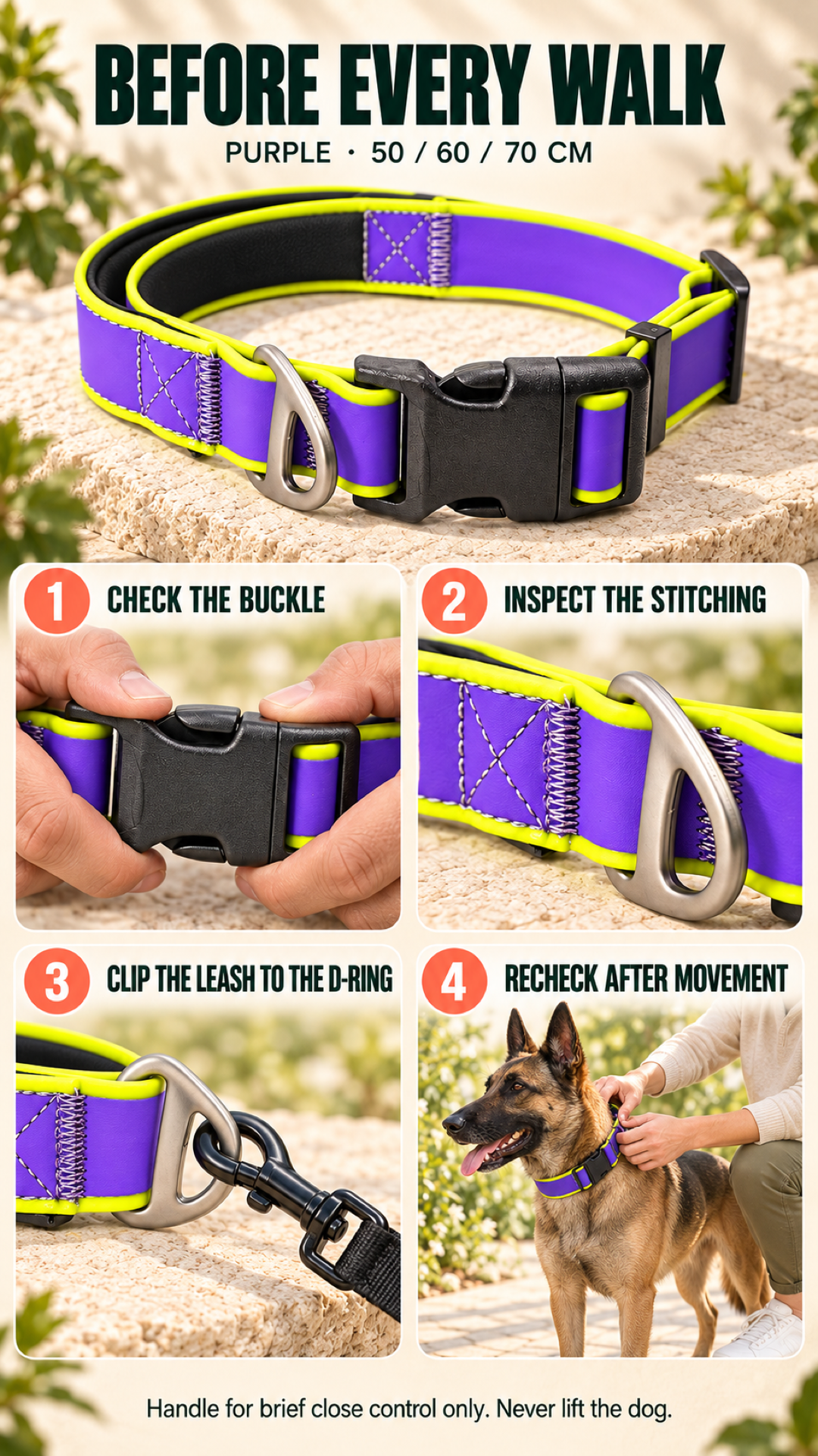 Purple tactical-style dog collar checklist covering buckle, stitching, D-ring, and fit checks.