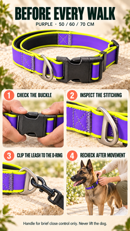 Purple tactical-style dog collar checklist covering buckle, stitching, D-ring, and fit checks.
