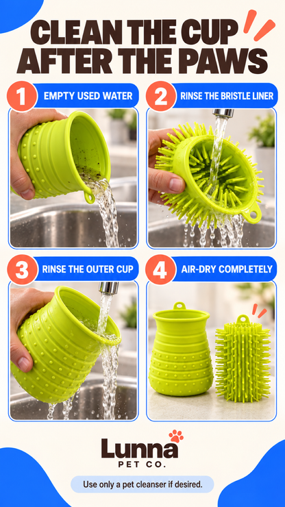 Care guide for rinsing the Green paw cleaner cup and bristle liner before air-drying.