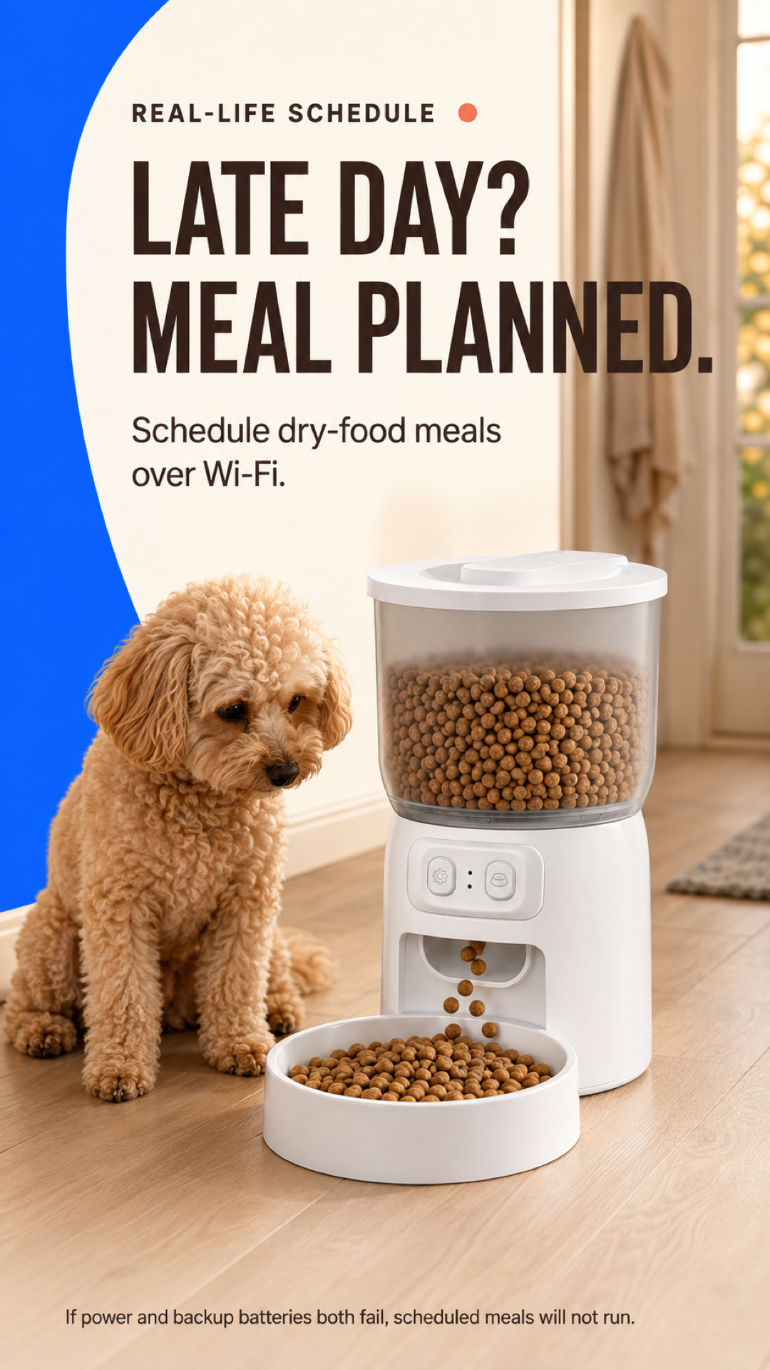 Small dog beside the white 3.5L Wi-Fi pet feeder dispensing dry kibble