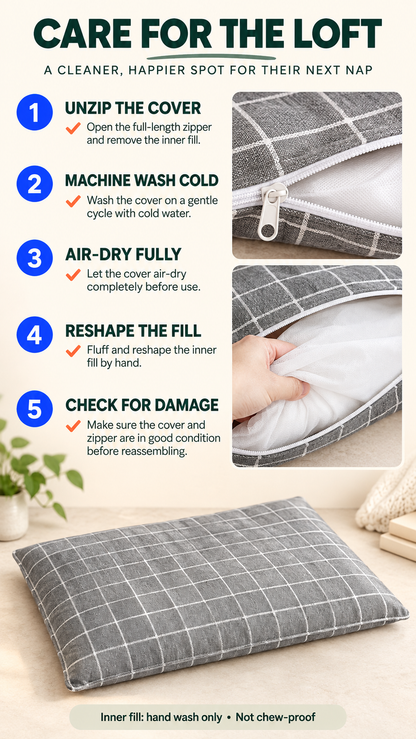 Grey Plush Winter Pet Bed Mat care checklist covering the removable cover, cold wash, air-drying, fill reshaping, and damage checks.