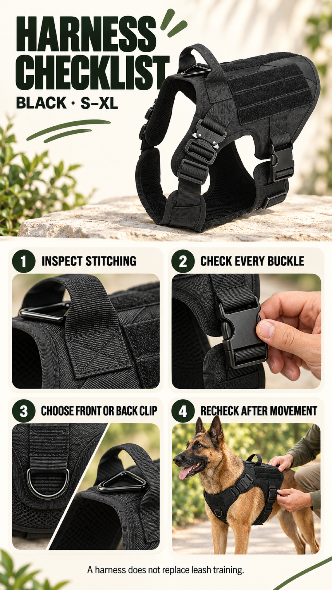 Black tactical dog harness checklist covering stitching, buckles, leash point choice, and fit recheck.