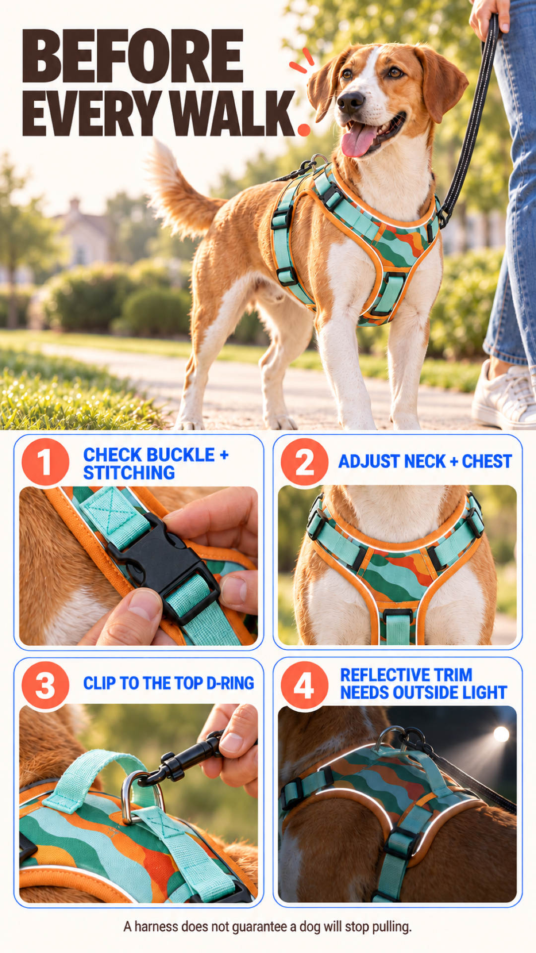 Orange reflective dog harness pre-walk checklist covering buckle, fit, top D-ring, and outside light.