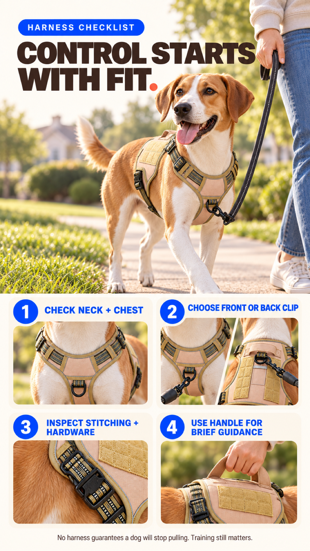 Harness checklist covering neck and chest fit, front or back clip choice, hardware inspection, and brief handle use.