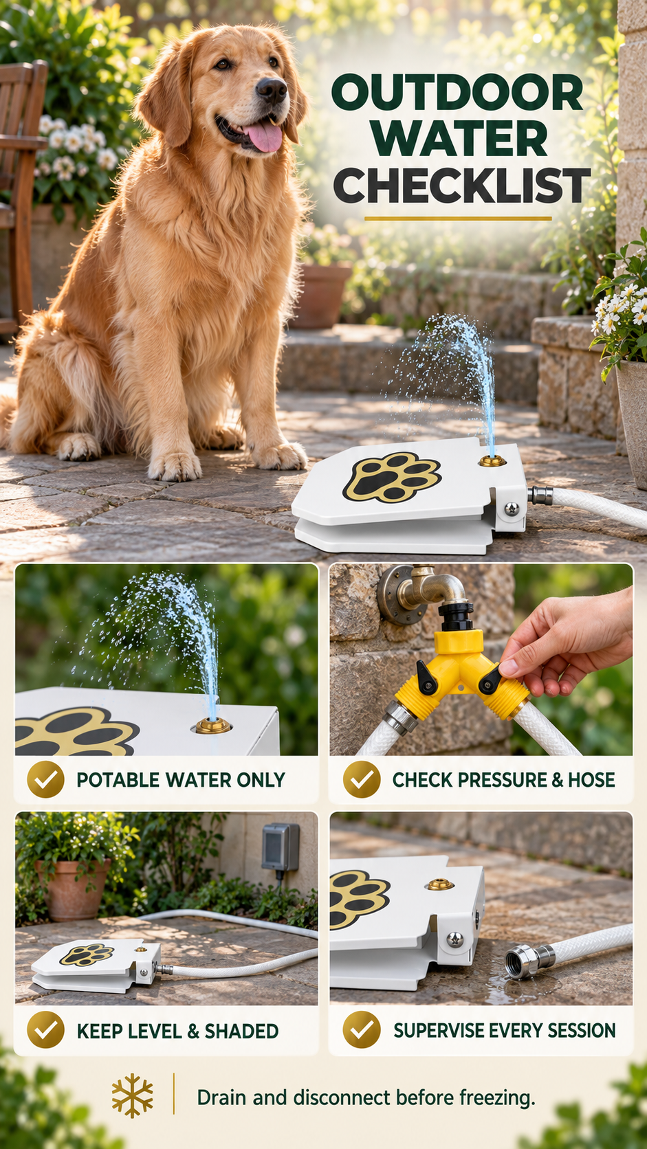 Outdoor dog water fountain checklist covering potable water, shaded placement, hose checks, supervision, and freeze protection.