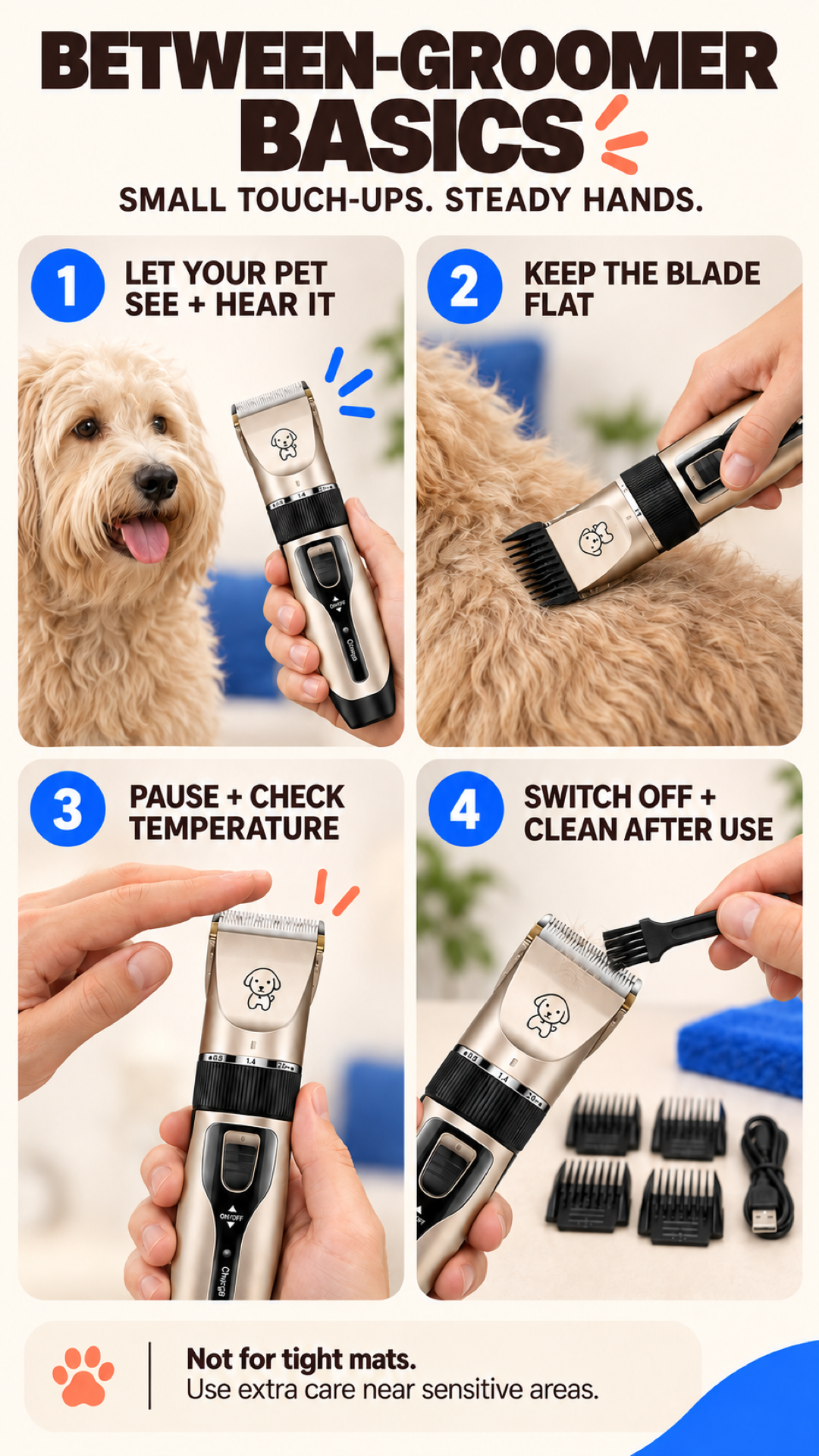 Pet clipper safety guide covering introduction, blade position, temperature checks, and cleaning after use.