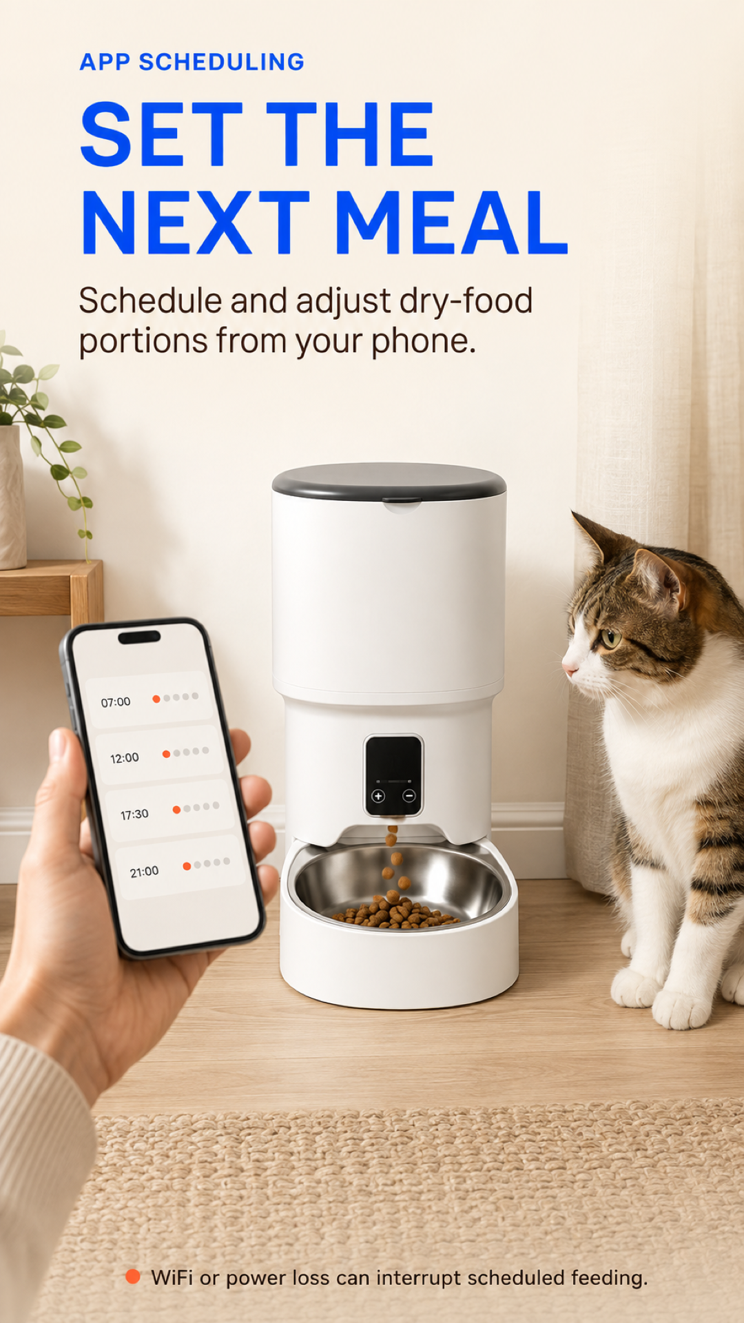 White 4L smart feeder with stainless-steel bowl dispensing dry kibble beside a cat