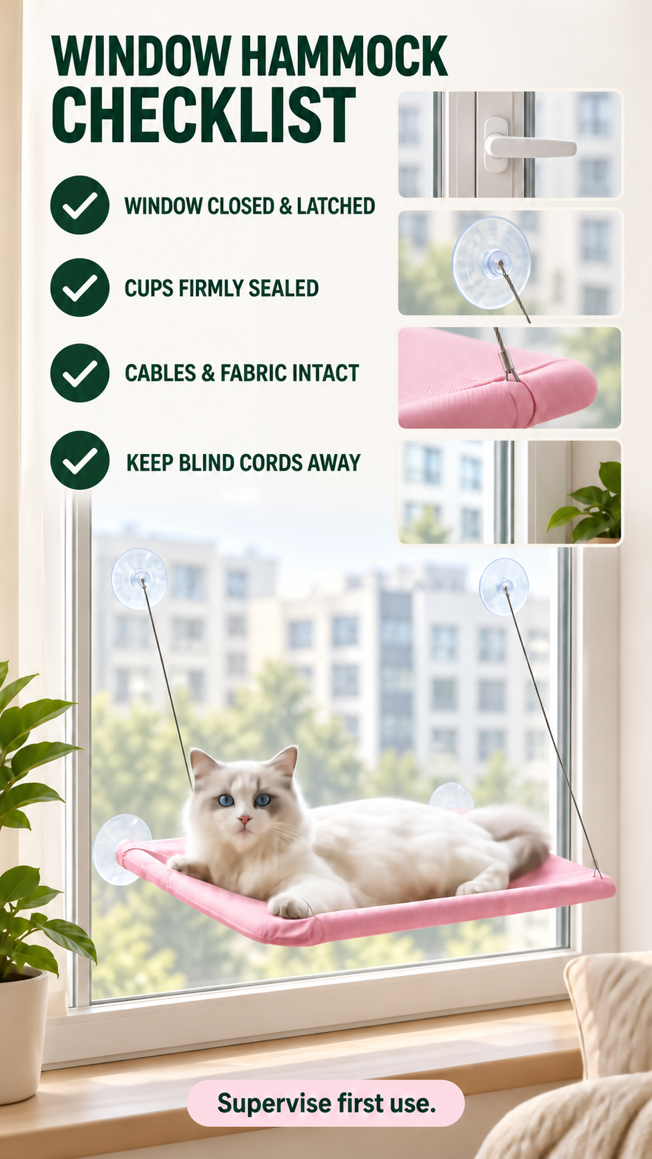 Pink suction cup cat window hammock checklist covering a closed window, cup seal, cable and fabric condition, and blind-cord clearance.