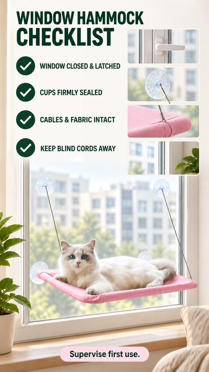 Pink suction cup cat window hammock checklist covering a closed window, cup seal, cable and fabric condition, and blind-cord clearance.