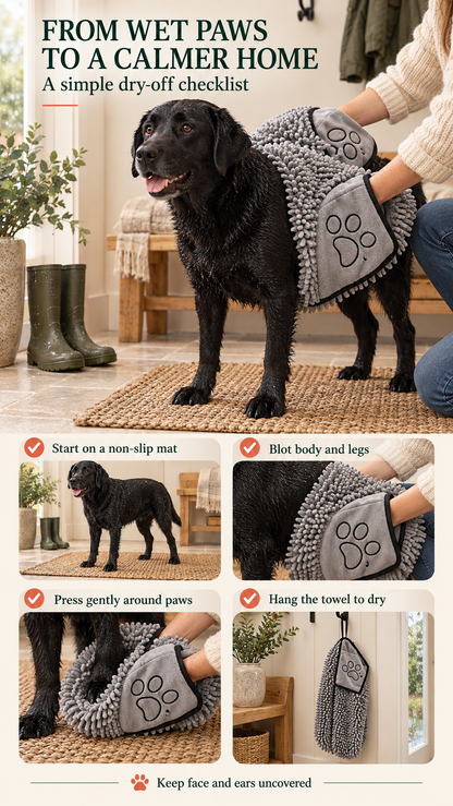 Grey pet drying towel checklist for blotting the body, legs, and paws before hanging the towel to dry.