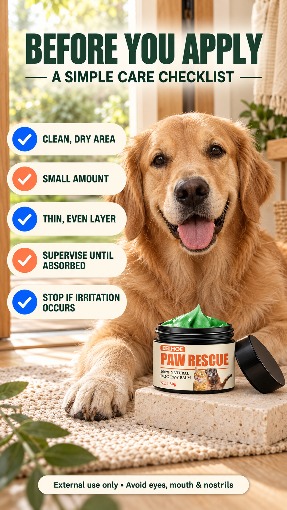 Paw and Nose Protection Balm checklist covering a clean dry area, small amount, thin layer, supervision, and irritation.