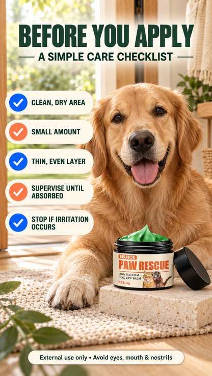 Paw and Nose Protection Balm checklist covering a clean dry area, small amount, thin layer, supervision, and irritation.