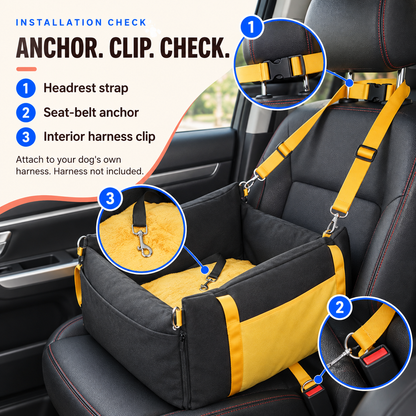 Installation guide showing the headrest strap, seat-belt anchor, and interior harness clip on the small dog booster seat.