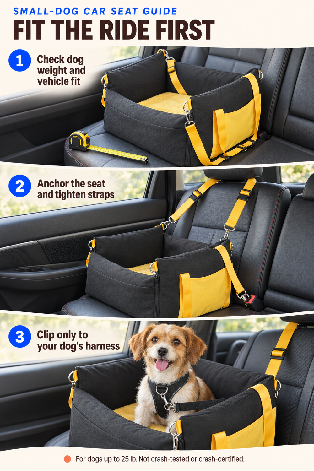 Three-step guide to checking fit, anchoring the small dog booster seat, and clipping the tether to a dog's harness.