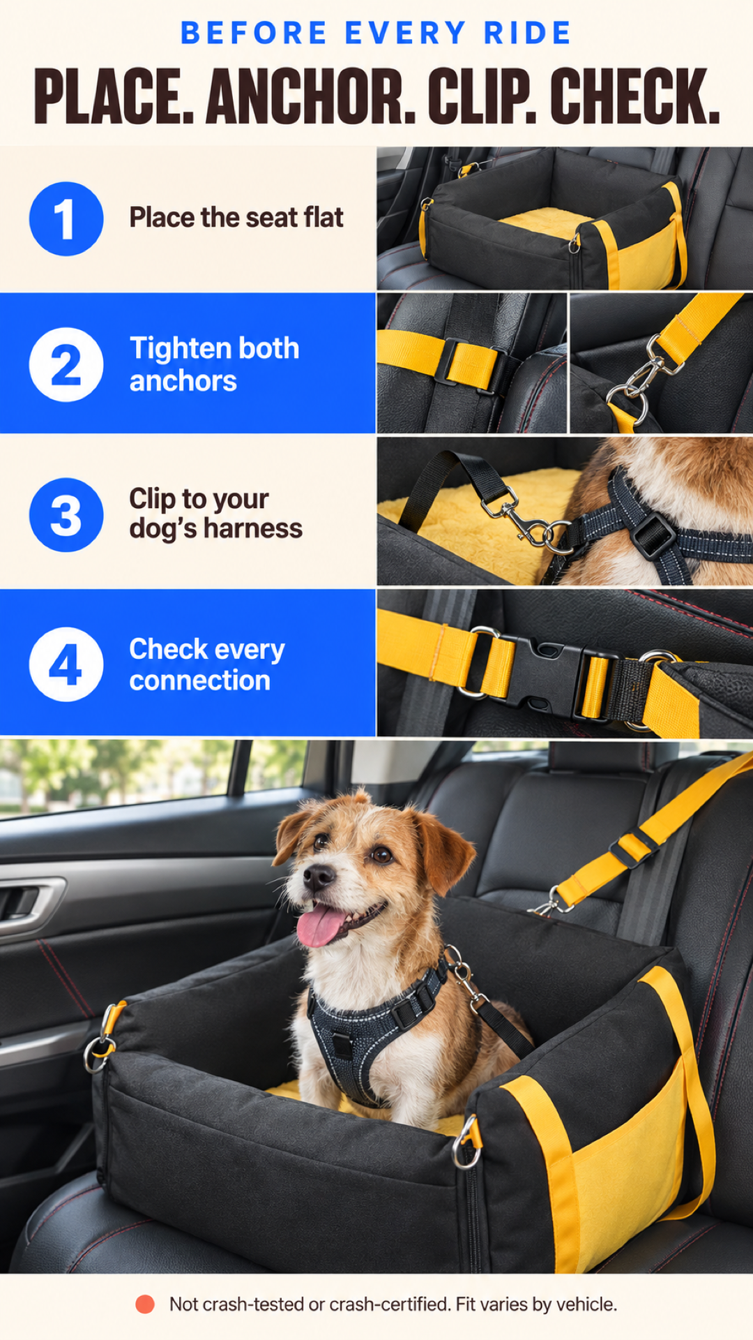 Four-step pre-ride checklist for placing, anchoring, clipping, and checking the small dog booster car seat.