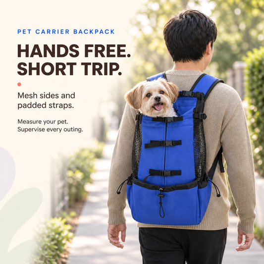 Adult carries a small dog in the Blue pet carrier backpack during a short supervised outing.