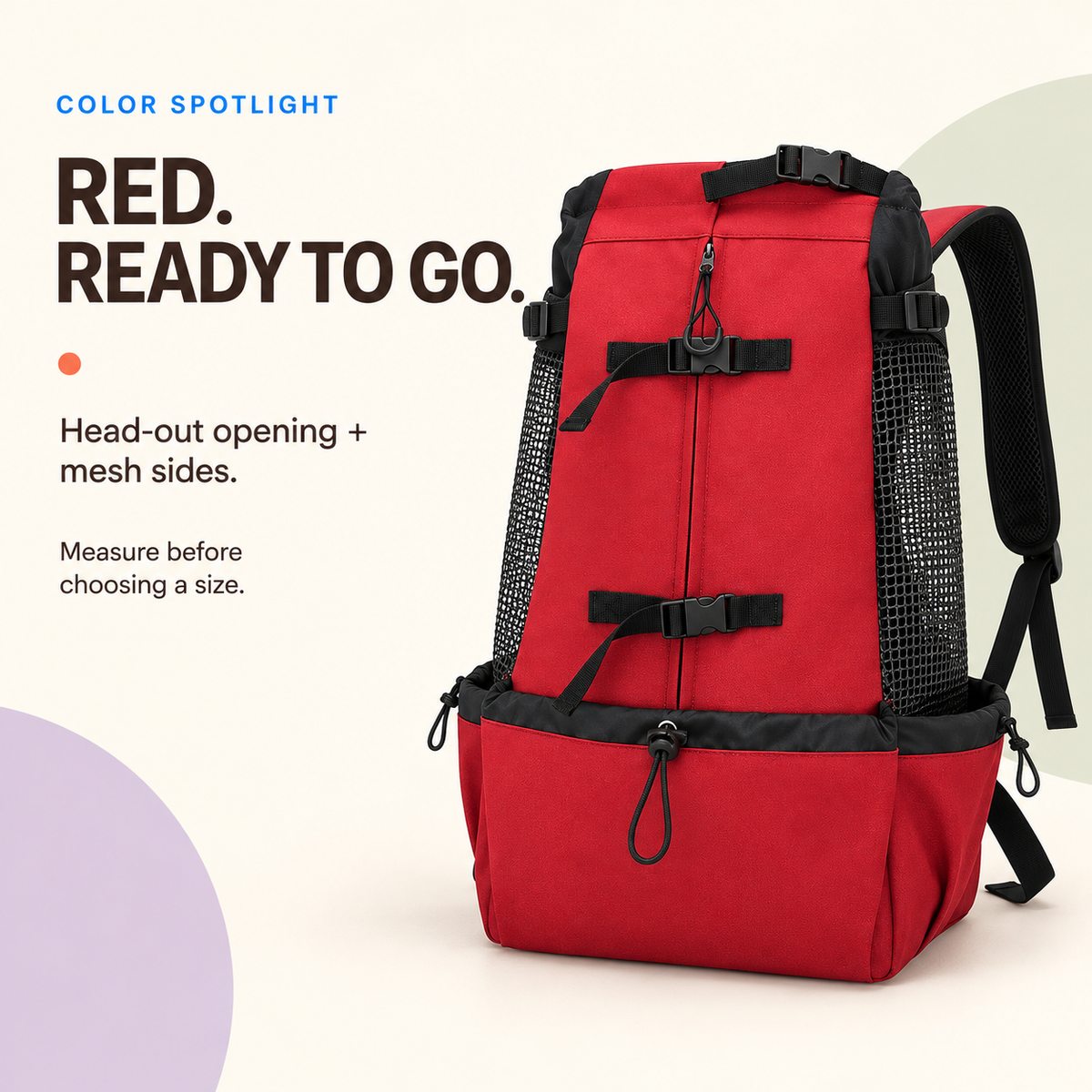 Red pet carrier backpack with mesh side panels, front buckles, central zipper, lower pouch, and padded straps.