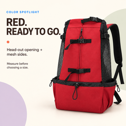 Red pet carrier backpack with mesh side panels, front buckles, central zipper, lower pouch, and padded straps.