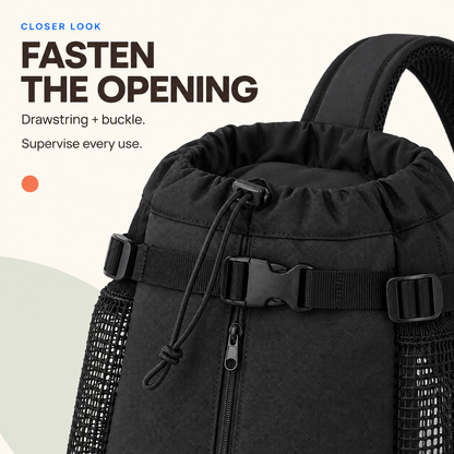 Close-up of the Black pet carrier backpack head opening, drawstring, buckle, zipper, and mesh side panel.