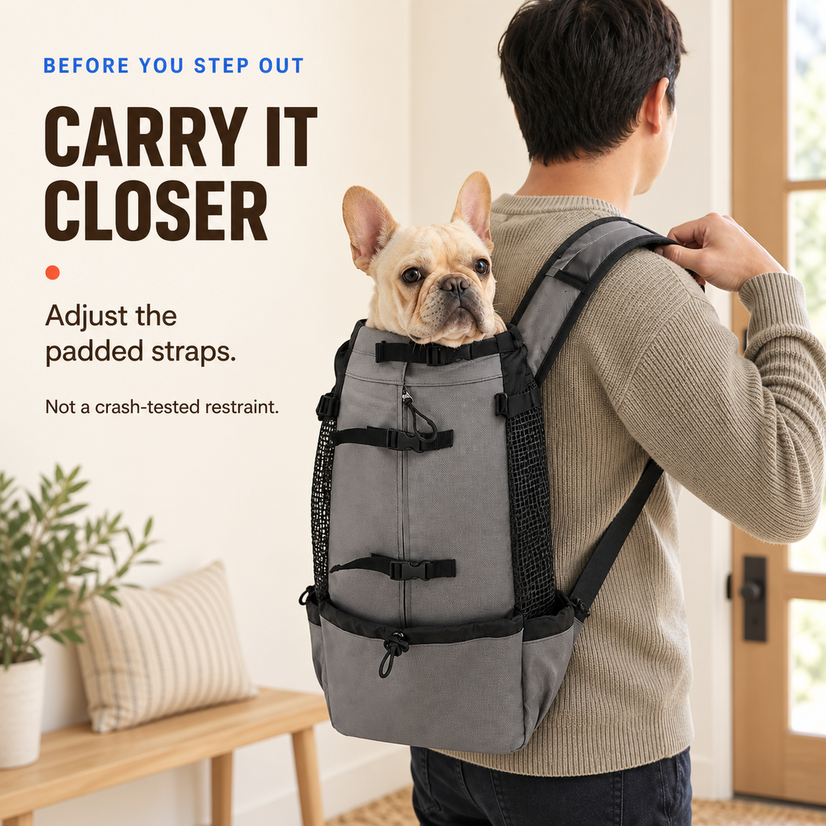 Adult adjusts a padded shoulder strap on the Dark Grey pet carrier backpack before a supervised outing.