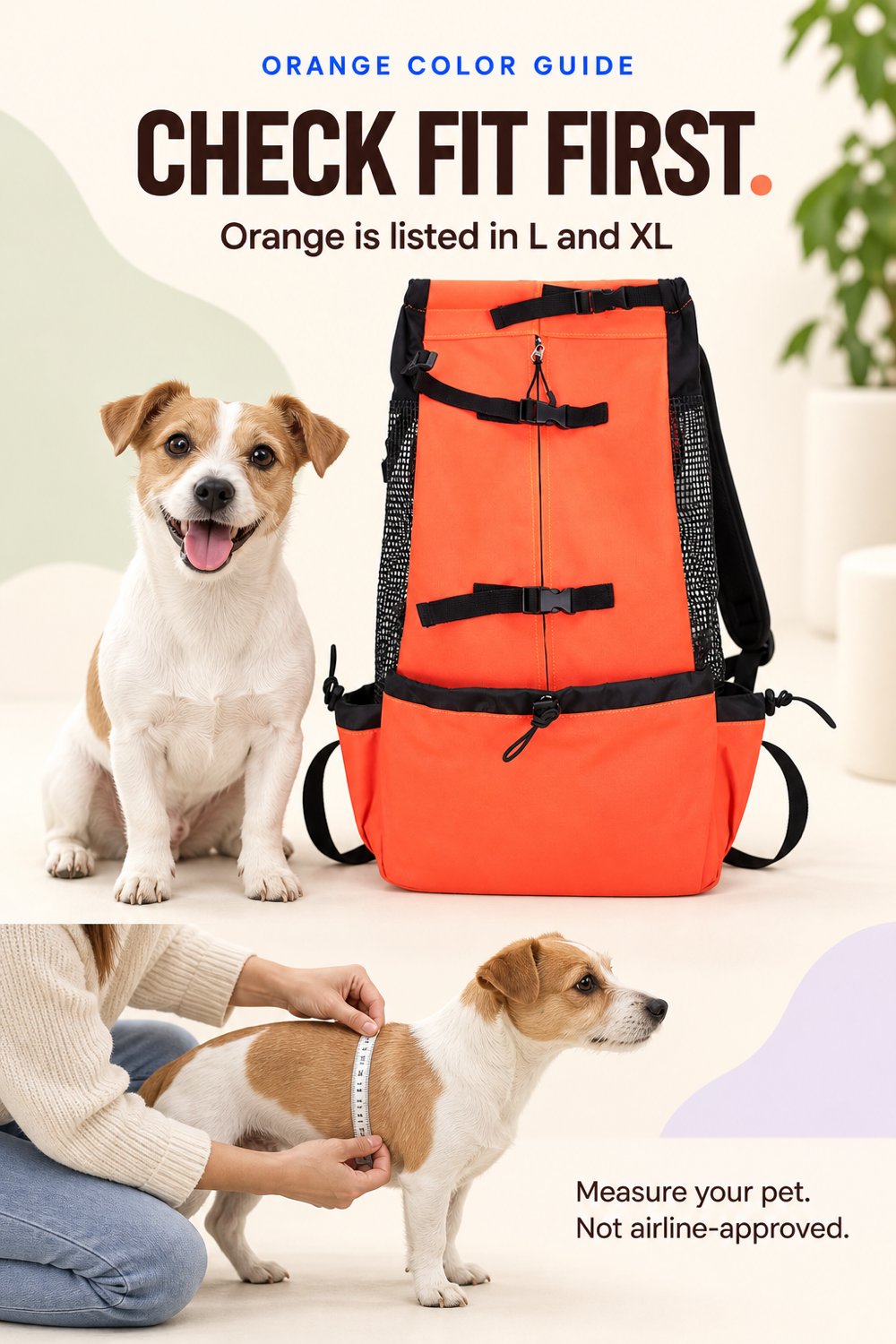 Orange pet carrier backpack shown with a small dog and a fit-check measuring guide.