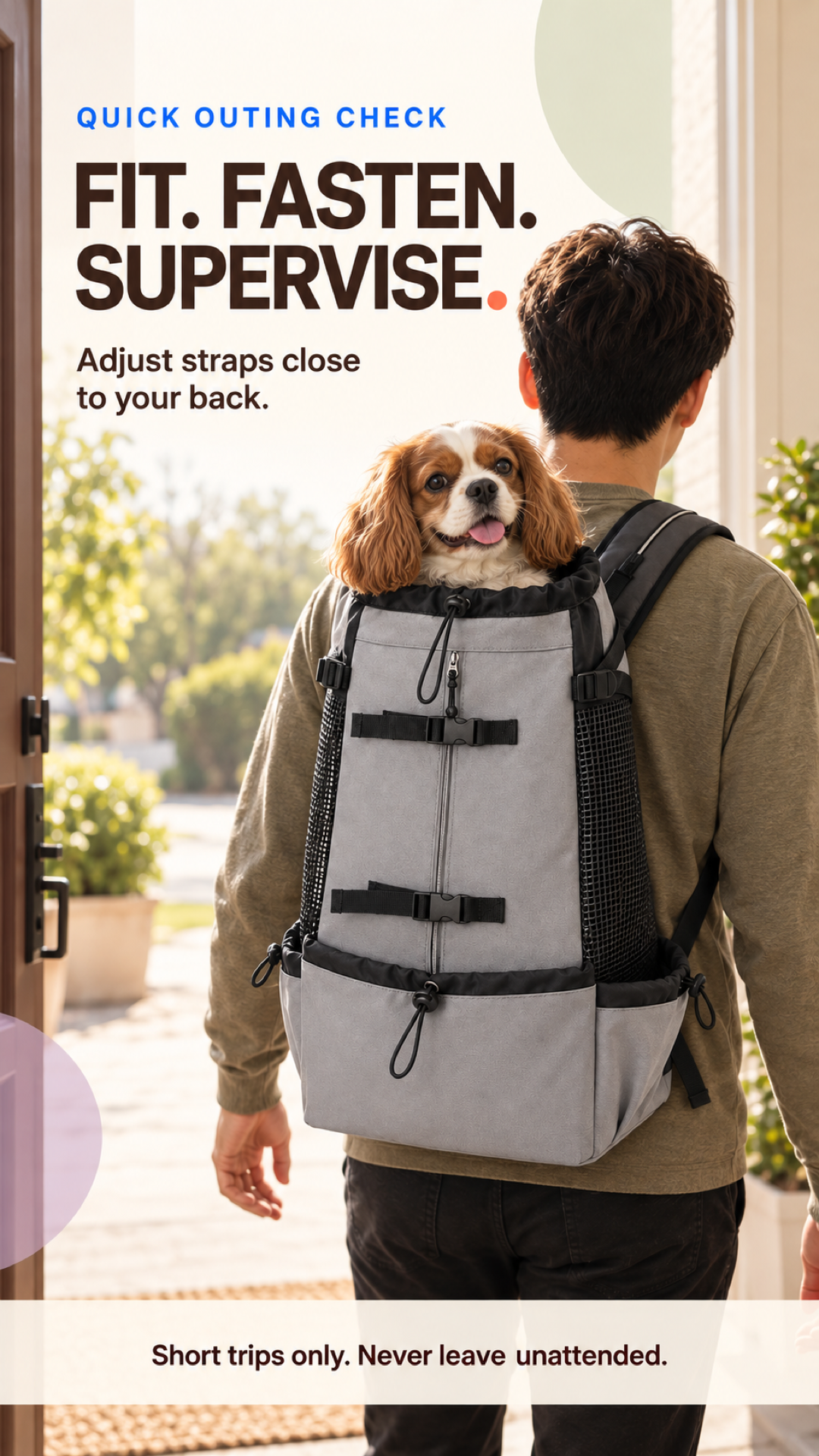 Adult carries a small dog in the Grey pet carrier backpack at a doorway before a short outing.