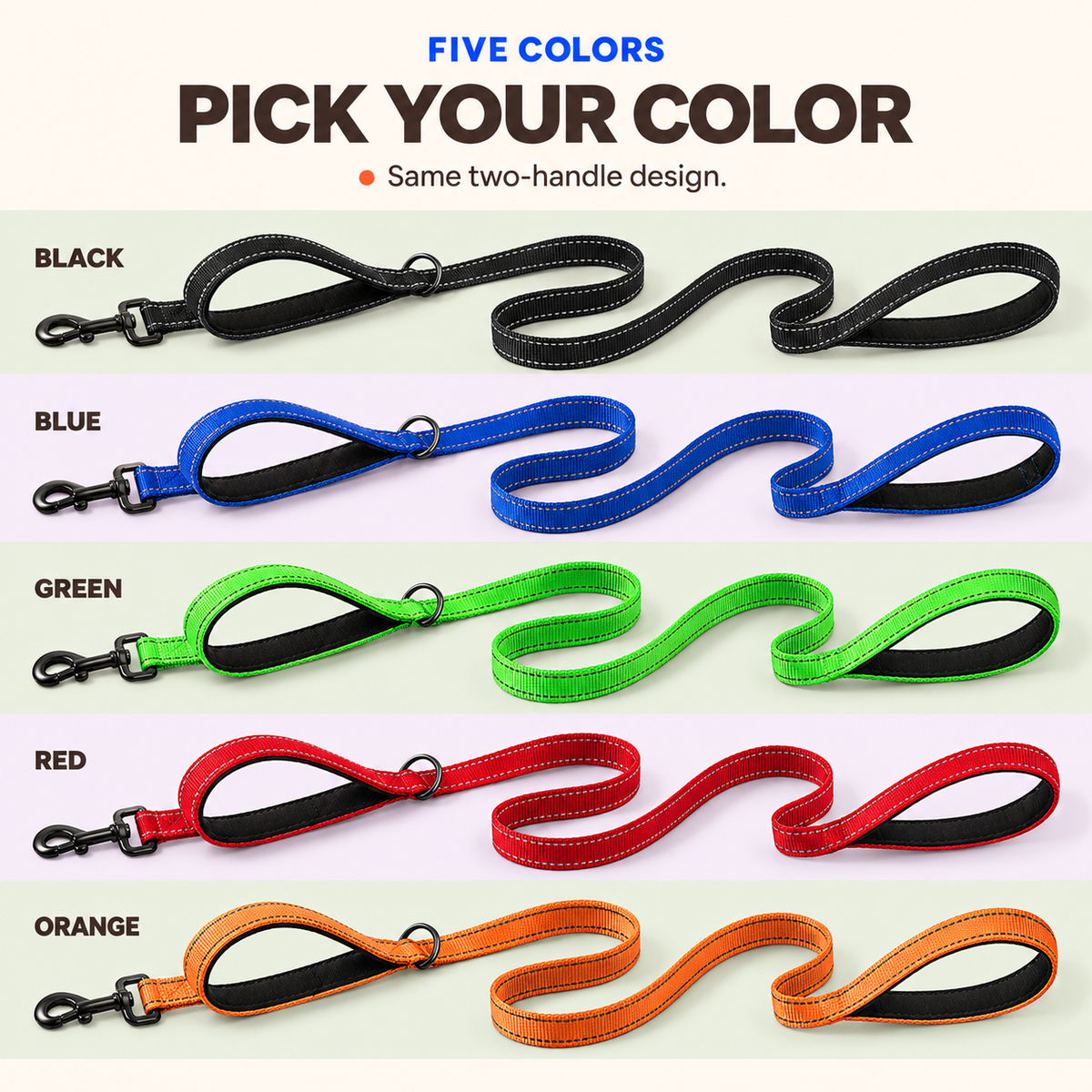 Five reflective double-handle dog leash colors: Black, Blue, Green, Red, and Orange.