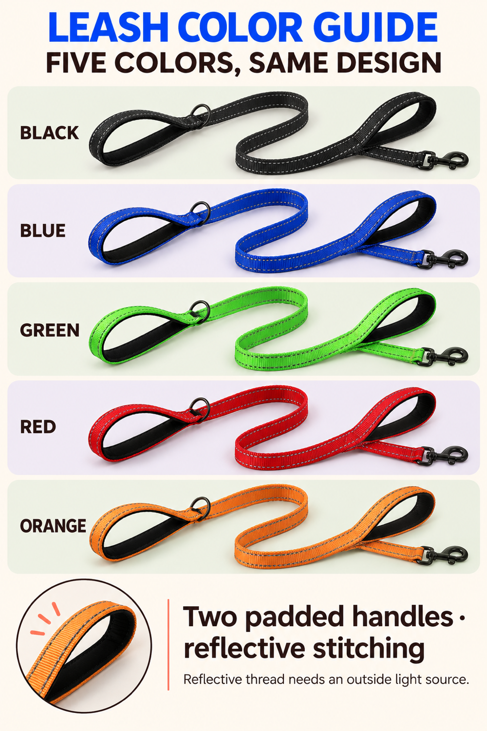 Color guide for Black, Blue, Green, Red, and Orange reflective double-handle dog leashes.